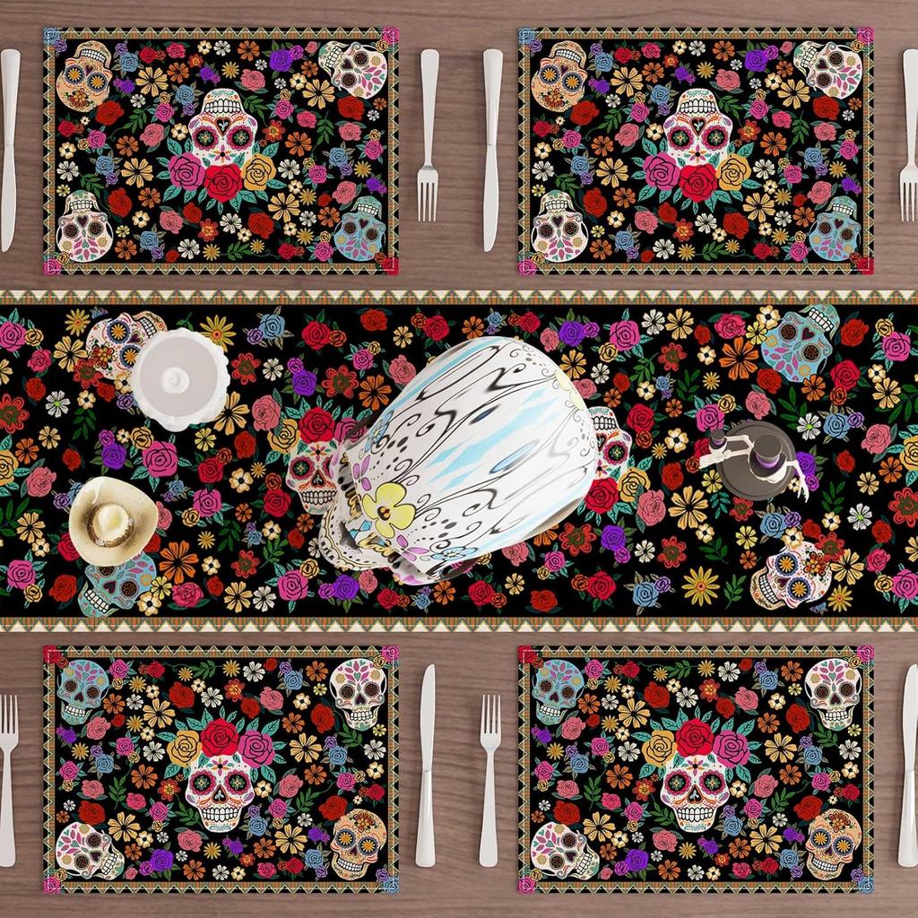 Sugar Skull Colorful Flowers Mexican Style Dia De Los Muertos Placemats Set of 4 Day of The Dead Table Mats