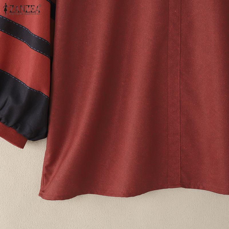 ZANZEA Women Casual Round Neck Stripe Splice 3/4 Sleeve Loose Blouse