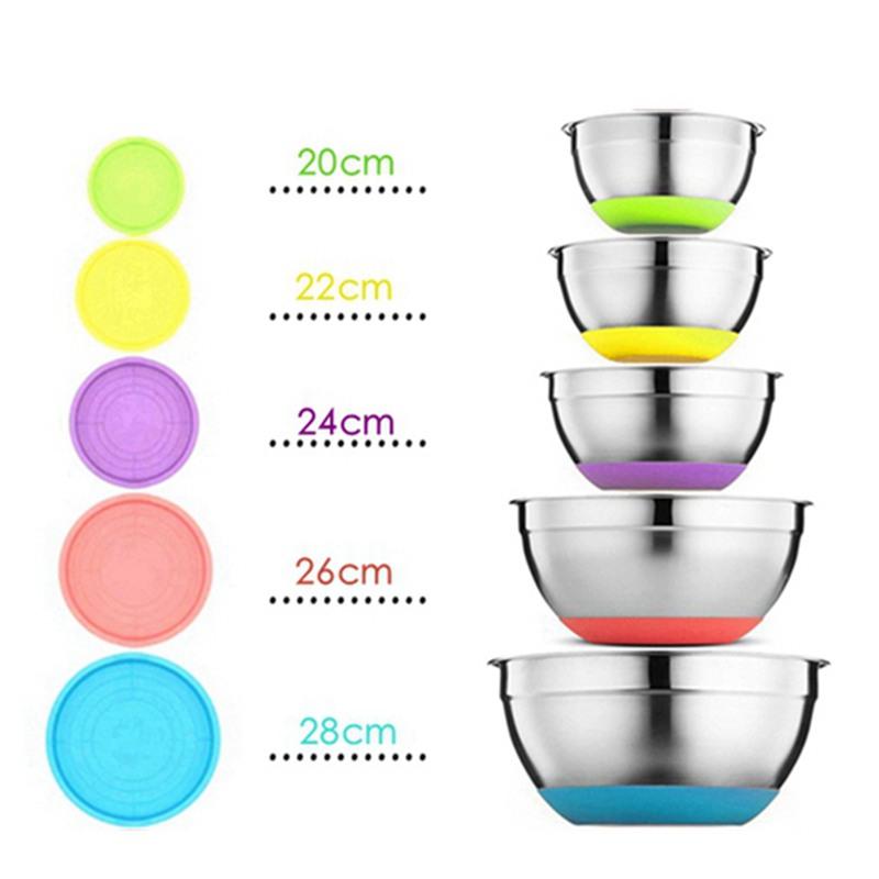 

5 шт./компл. миски из нержавеющей стали с крышками для смешивания, кухонные принадлежности для хранения продуктов, венчик для взбивания яиц, салатница с нескользящим цветным дном
