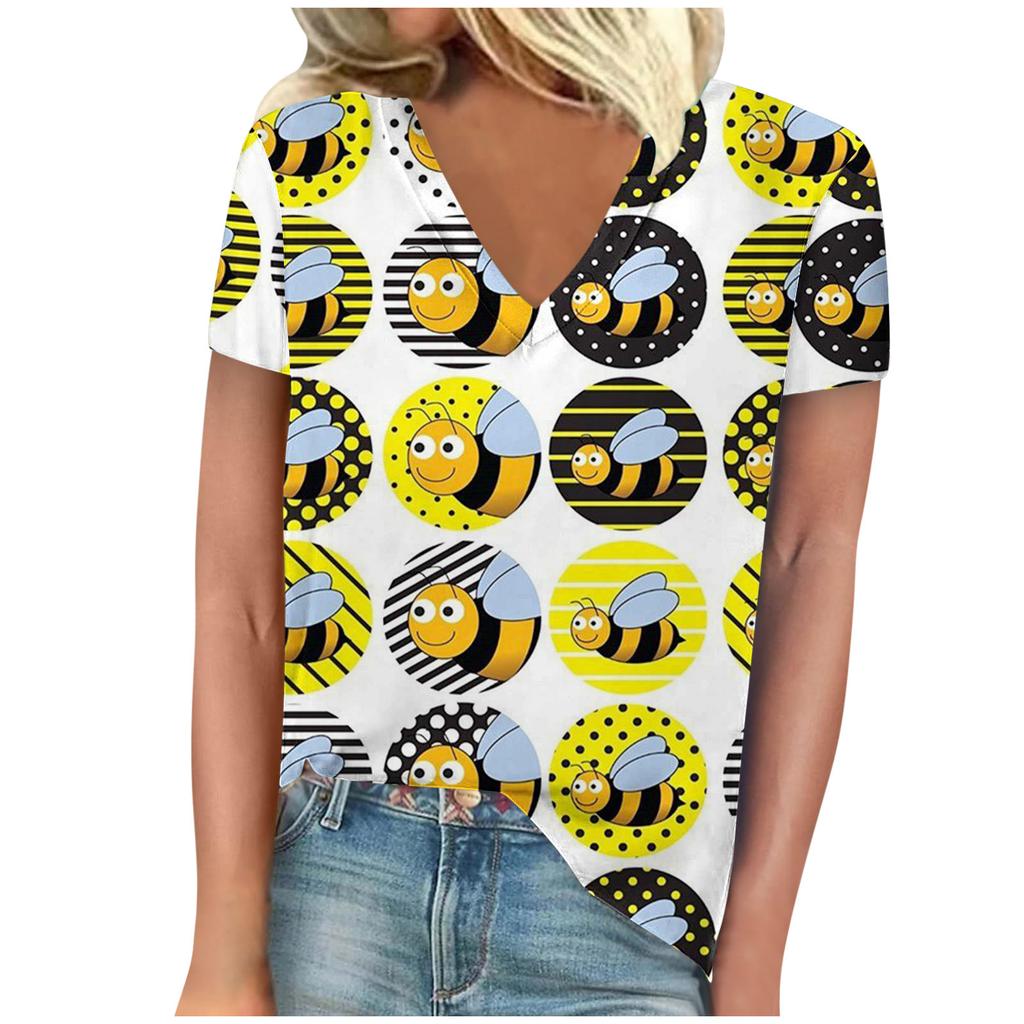 vintage women bee print t shirt short sleeve v neck tops comfortable t-shirts