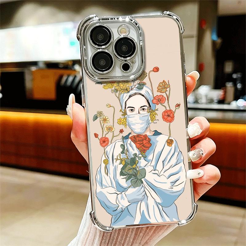 Doctor Nurse Cartoon Plating Phone Case For Iphone 16 17 Pro Max Air 16E 14 15 Plus 12 13 Mini Anti-Fall Airabag Cover