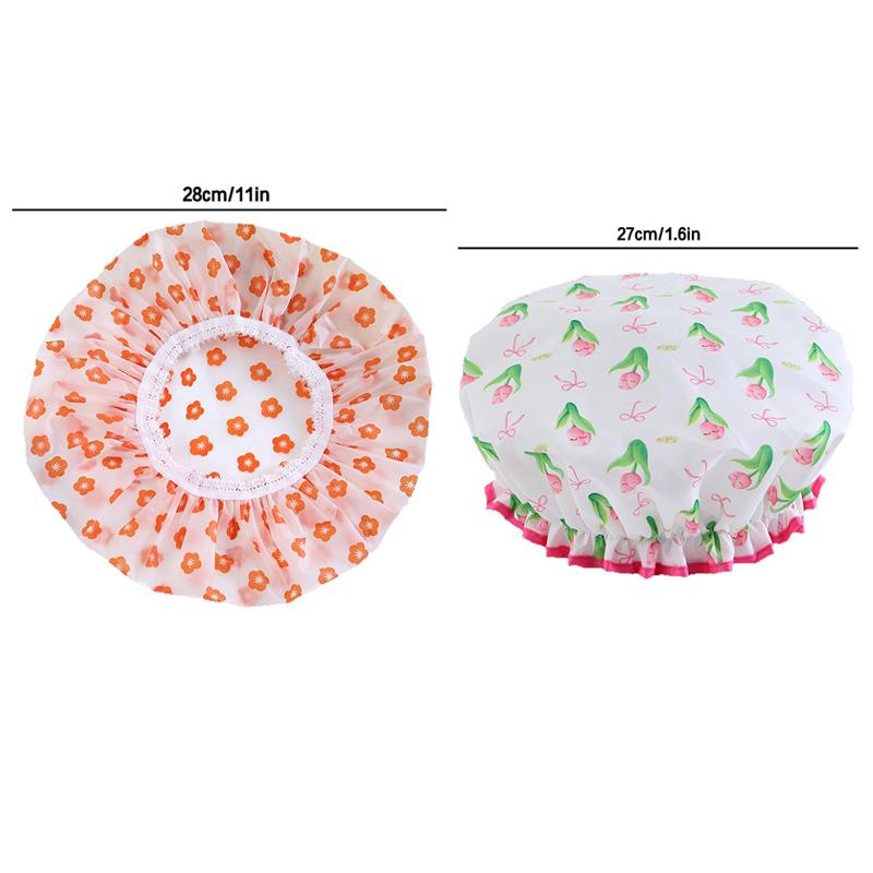 Flower Pattern Double Layer Shower Cap Waterproof Reusable Printed Bath Hair Bonnet For Women Ladies Spa Salon Home Travel Use