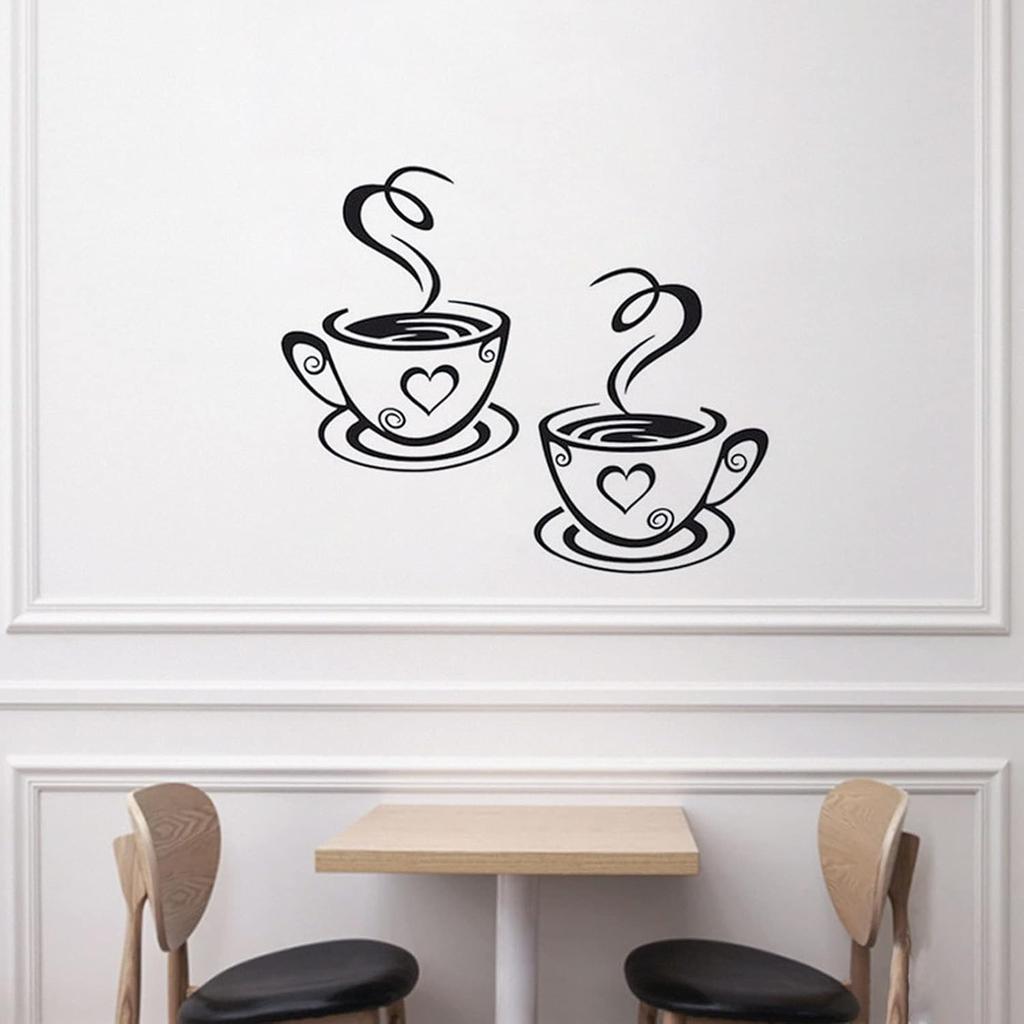 2 PCS Coffee Bar Wall Decor - Wall Sticker with Two Coffee Cup Art - Removable Signs for Kitchen, Office, Home, Shop, Cafe, Pub, Restaurant - 12.2 x