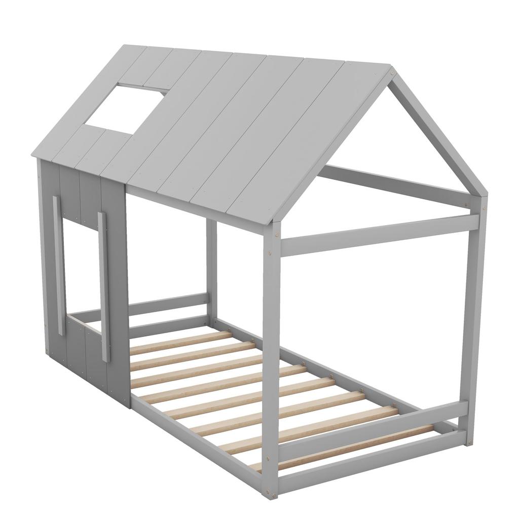 Łóżko domek 90 x 200cm, Łóżko dziecięce pojedyncze ze stelażem listwowym, Stabilne drewniane łóżko domek na drzewie z dachem i oknem, Bez materaca