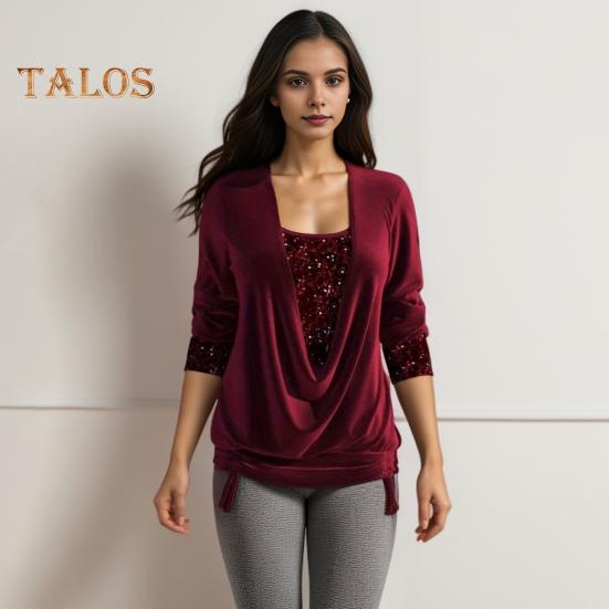 Women Velvet Tops Swing Collar Long Sleeve Drawstring Hem Shirring Pullover Tops Solid Color Sequins Stitching Blouse