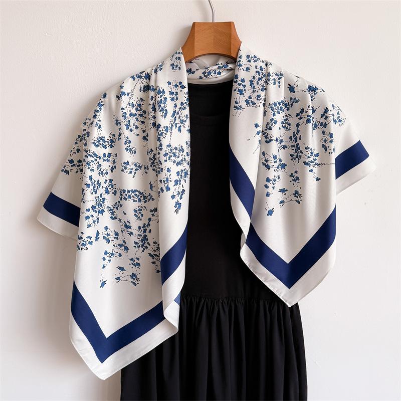Spring and summer flower oblique silk scarf large square scarf fashionable versatile printing imitation silk dust-proof shawl headscarf scarf women