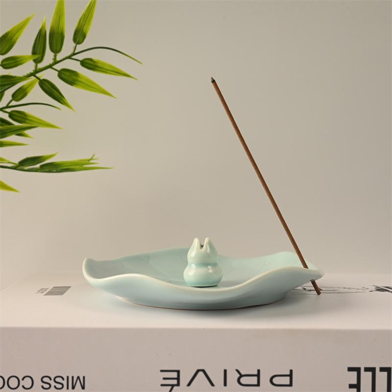 Lotus Leaf Ceramic Incense Holder for Sticks: Sandalwood Burner, Home/Study Room Decor, Tea Ceremony Tray.