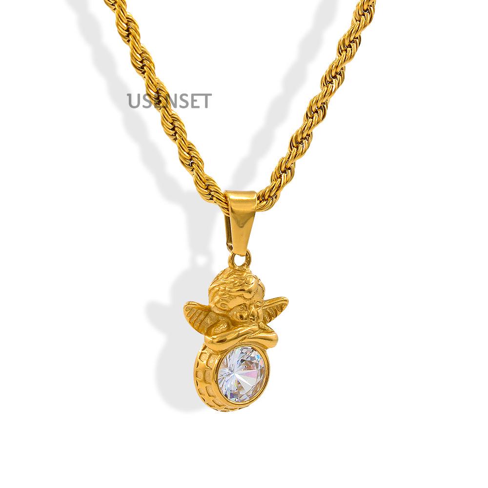 Light Luxury 2022 French Retro Guardian Angel Zircon Pendant Necklace with Stainless Steel Twisted Chain for Women