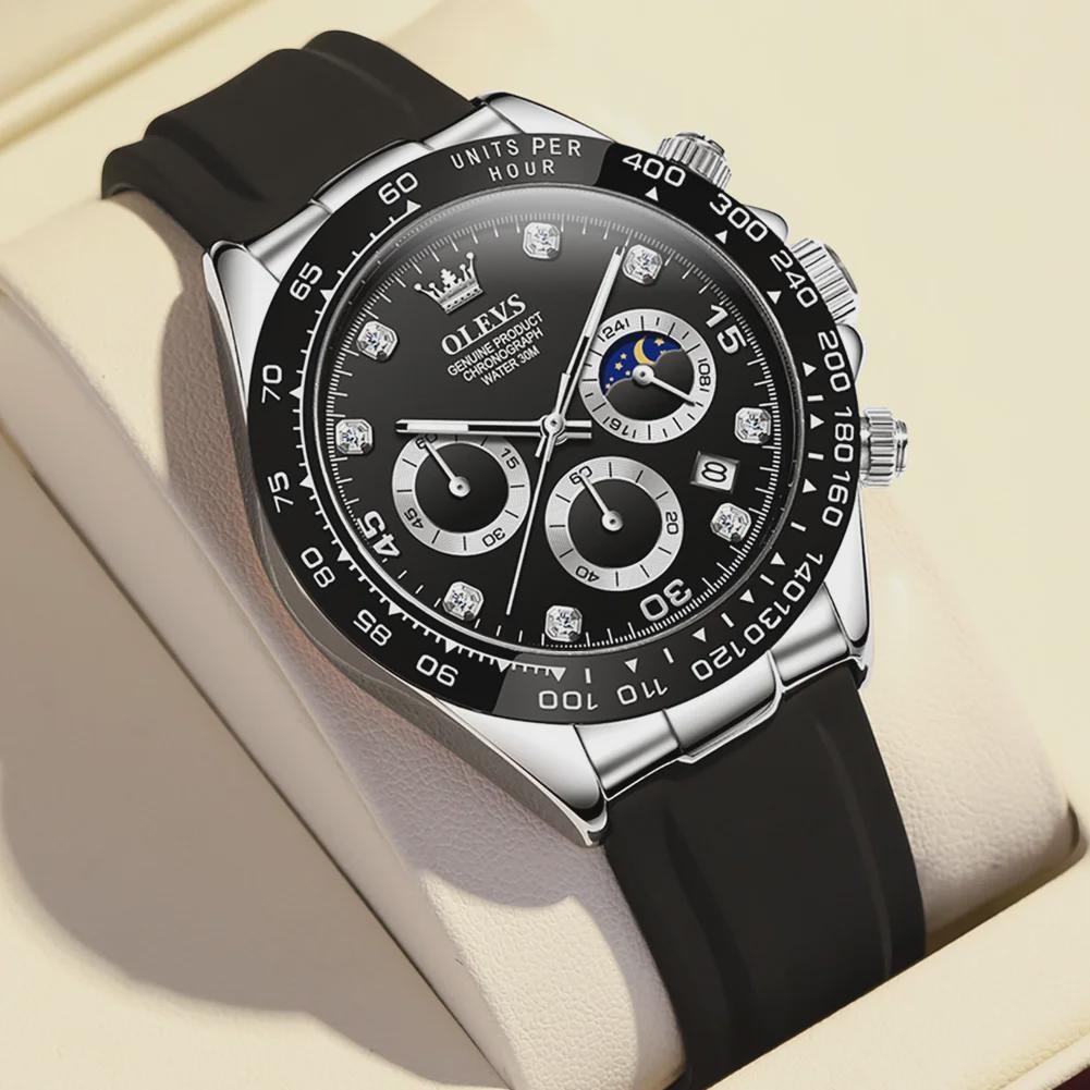 OLEVS Originale Uhr für Herren, Mondphase, Chronograph, Kalender, analoges Silikonarmband, Armbanduhr, Business-Quarzuhren