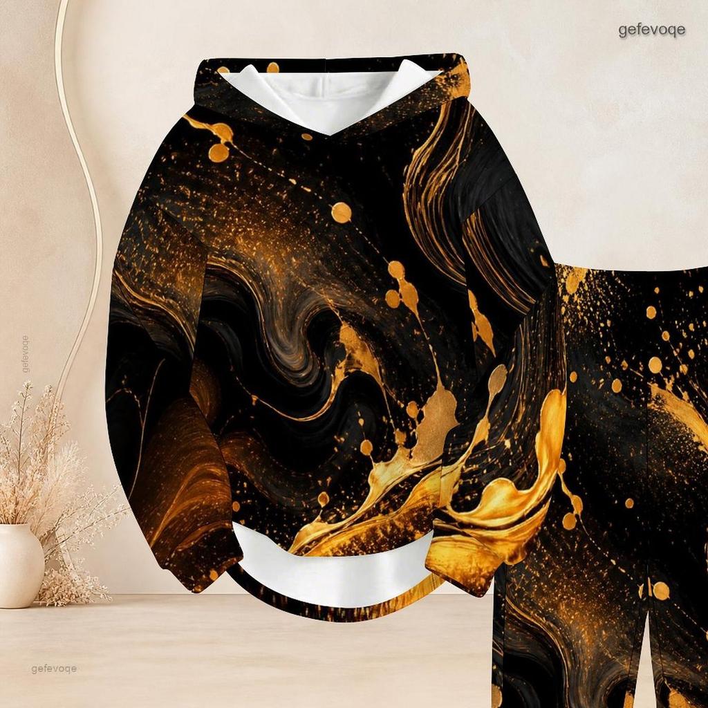 Women Plus Size Two Piece Set Hooded Long Sleeve Galaxy Printed Top Cuffed Pants