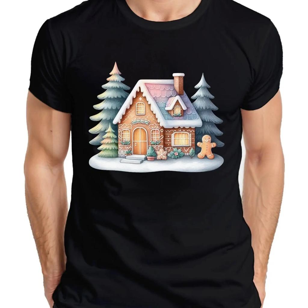 Gingerbread House Christmas Unisexs T Shirt Vintage Stretched Fashion Stylish Designer Clothes Top For Everyday Wear Homme