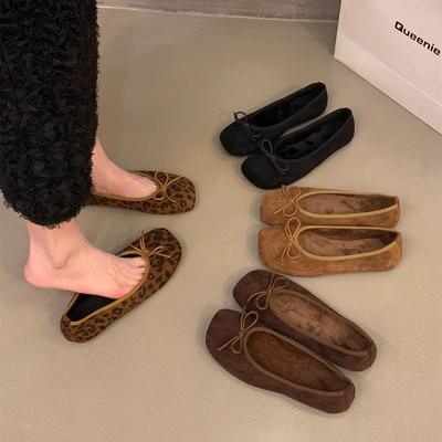 French Flat-bottomed Retro Suede Leopard Print Small Single Shoes Women's Shoes 2025 Autumn and Winter Plush Shoes Doudou Shoes
