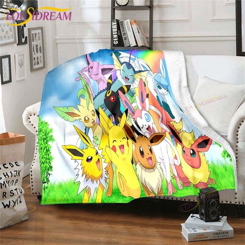 Cartoon Pokemon Printed Pikachu Fleece Plush Blanket Soft Warm Blanket for Adults and Children Bedroom Sofa Gift  Picnic Blanket