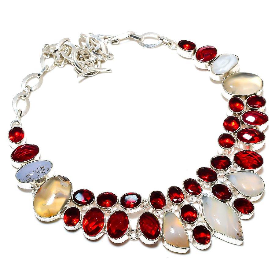 Montana Agate, Garnet Gemstone 925 Sterling Silver Jewelry Necklace 18" SU-9749