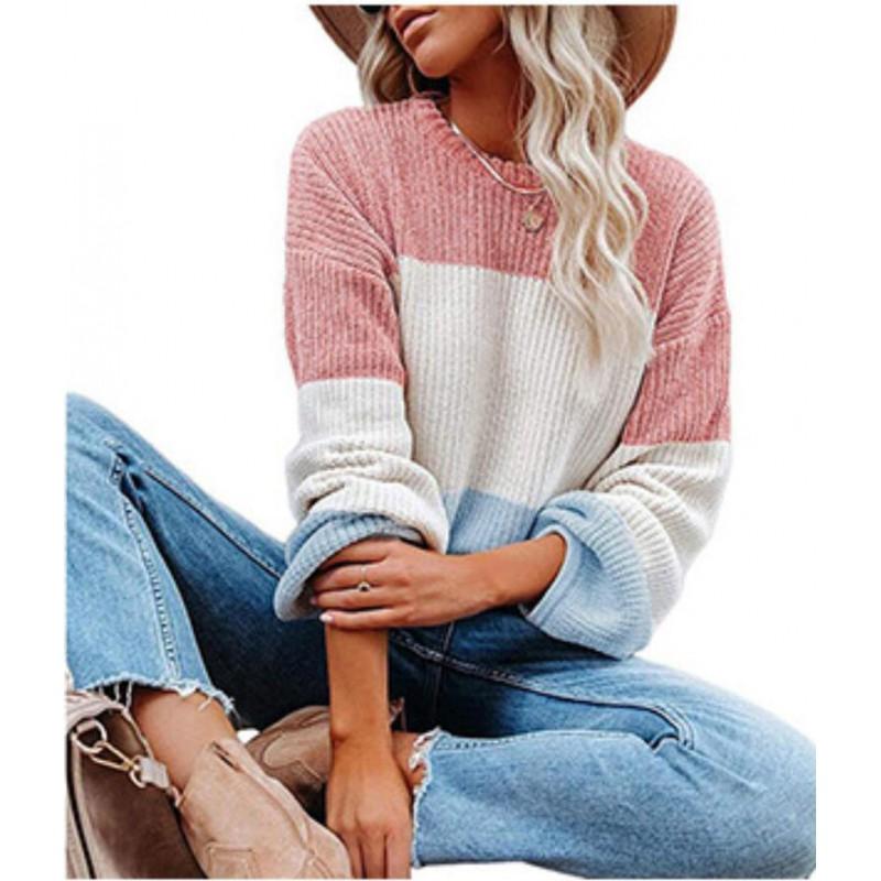Womens Winter Loose Knit Sweater With Color Block Lantern Sleeves Round Neck Long Sleeve