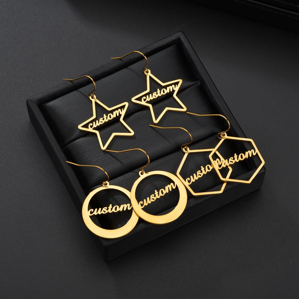 Atoztide Personalized Customized Round Star Name Earring Stainless Steel For Women Girl Fashion Eardrop Birthday Jewelry Gift