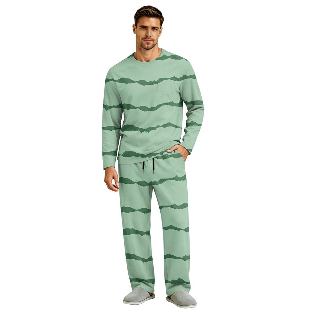 Men's Pajama Set Long Sleeve Top and Long Pants with Button Crotch and Elastic Drawstring Waist for Home Loungewear