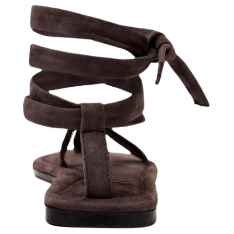Zara Limited Edition Sheepskin Leather Open Toe Vintage Strap Flat Sandals Women sandals Brown 4600610700