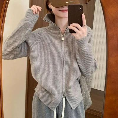 Fashion Zipper Knitted Jacket Top Sweater Women's Autumn and Winter New High-end Design Casual Knitted Cardigan Tide