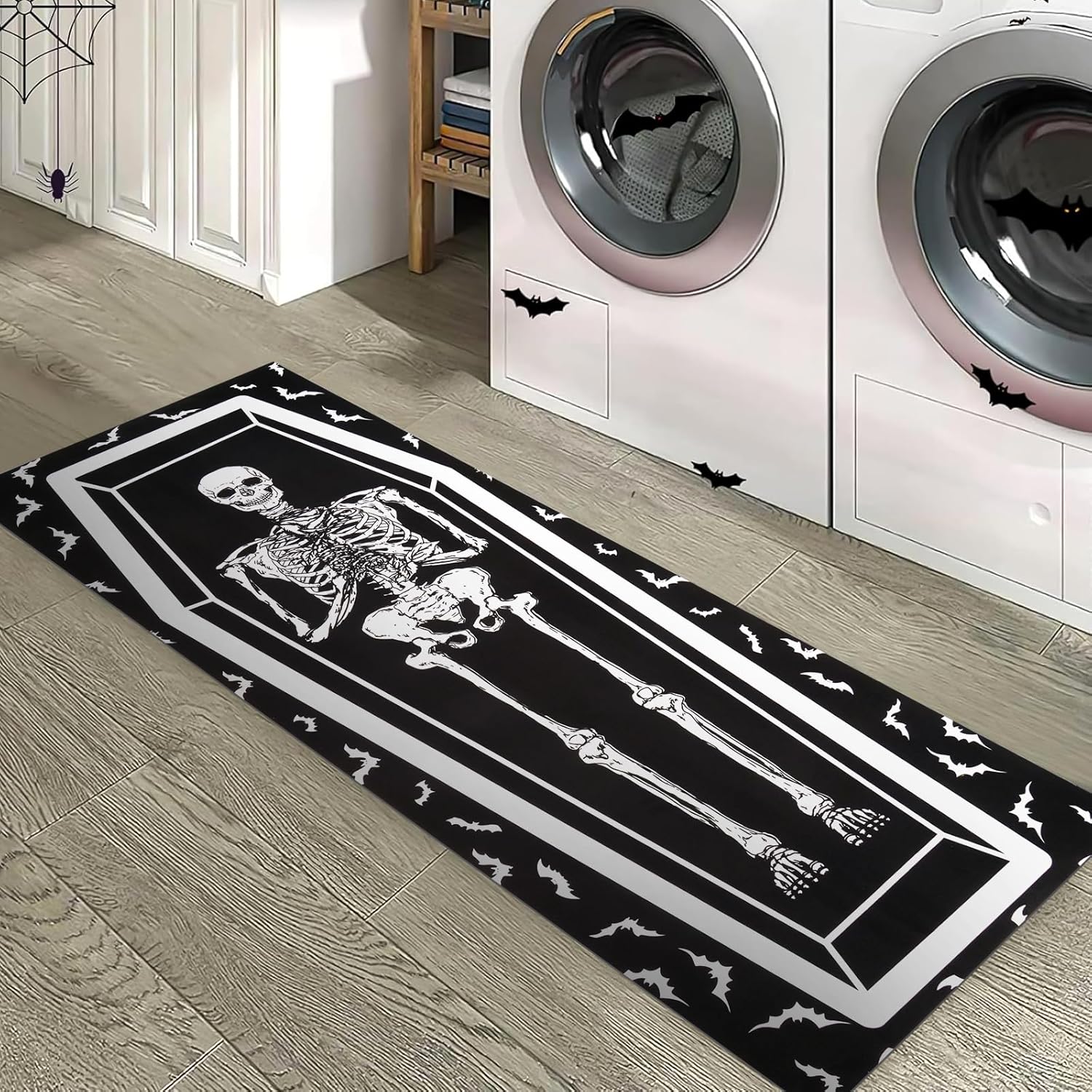 

Halloween Dark Style Carpet With Human Skeleton Coffin Pattern Short Velvet Waterproof Bedroom Home Decoration 40X120CM(1.3X3.9FT
