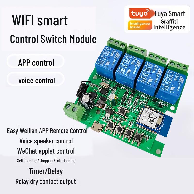 Graffiti Tuya 3-Mode WiFi Smart 4-Channel Power Switch Module with DC7-32V Circuit Breaker & Voice Control.