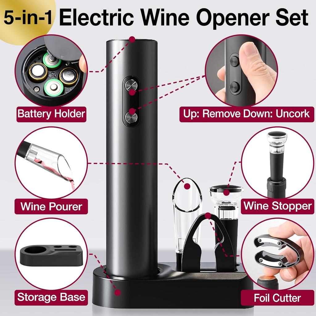 Automatic Wine Opener Set Reusable Electric Wine Bottles Opener Battery Operated Wine Corkscrews Remover for Home Kitchen Party
