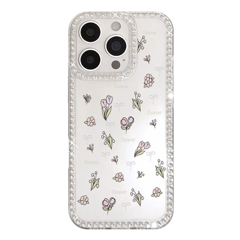 Full Screen of Flowers Applies To iPhone17Pro Flash Diamond Mobile Phone Case Apple 16 Advanced Sense 14/15 Light Luxury 12 Large Holes