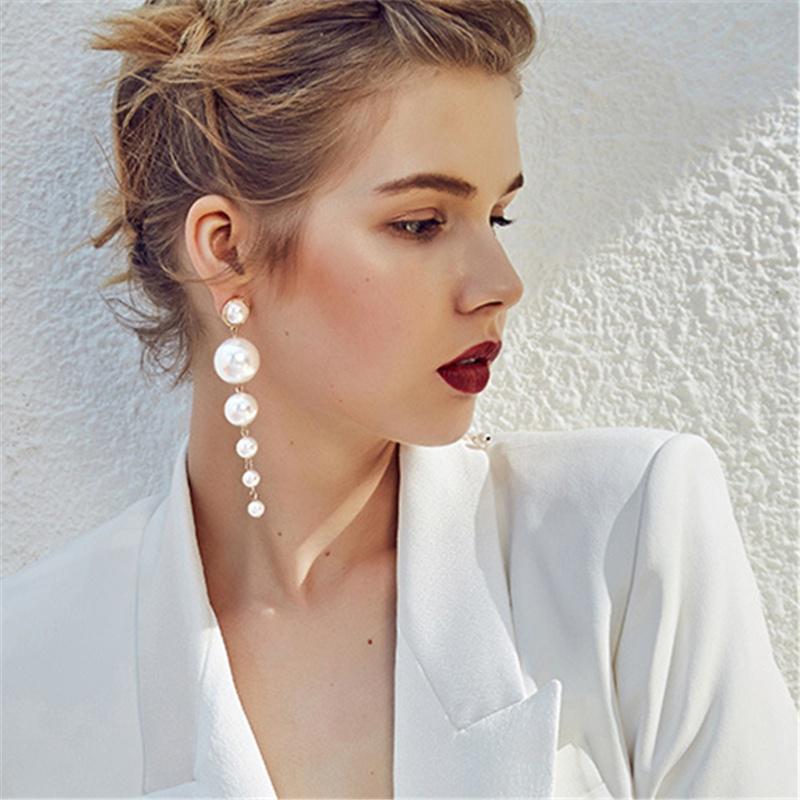 

Новые Модные Элегантные Созданные Длинные Серьги с Большим Имитированным Жемчугом, Жемчужная Нить, Заметные Висячие Серьги