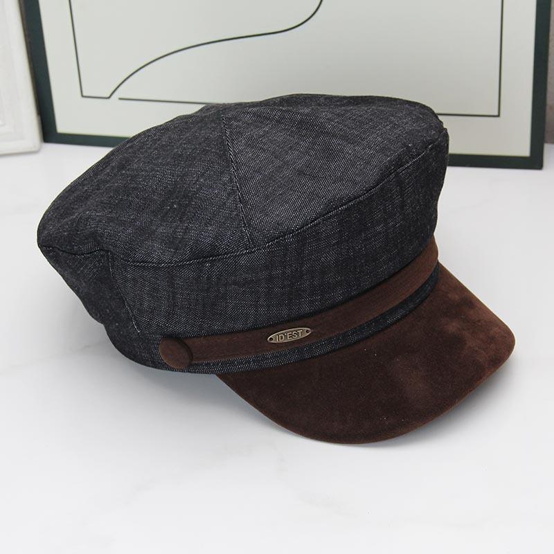 Retro denim splicing navy hat women's autumn and winter suede brim newsboy hat British versatile octagonal flat top hat shows small face