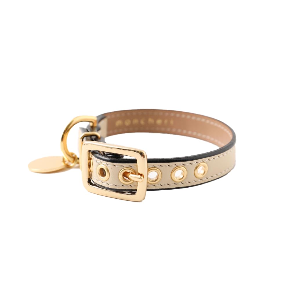 

Кожаный ошейник с подвеской-кругом для маленьких собак x Натуральная коровья кожа Регулируемый Идеально подходит для прогулок и выходов Monchéri [Двухцветный ошейник] (S/Слоновая кость Черный)