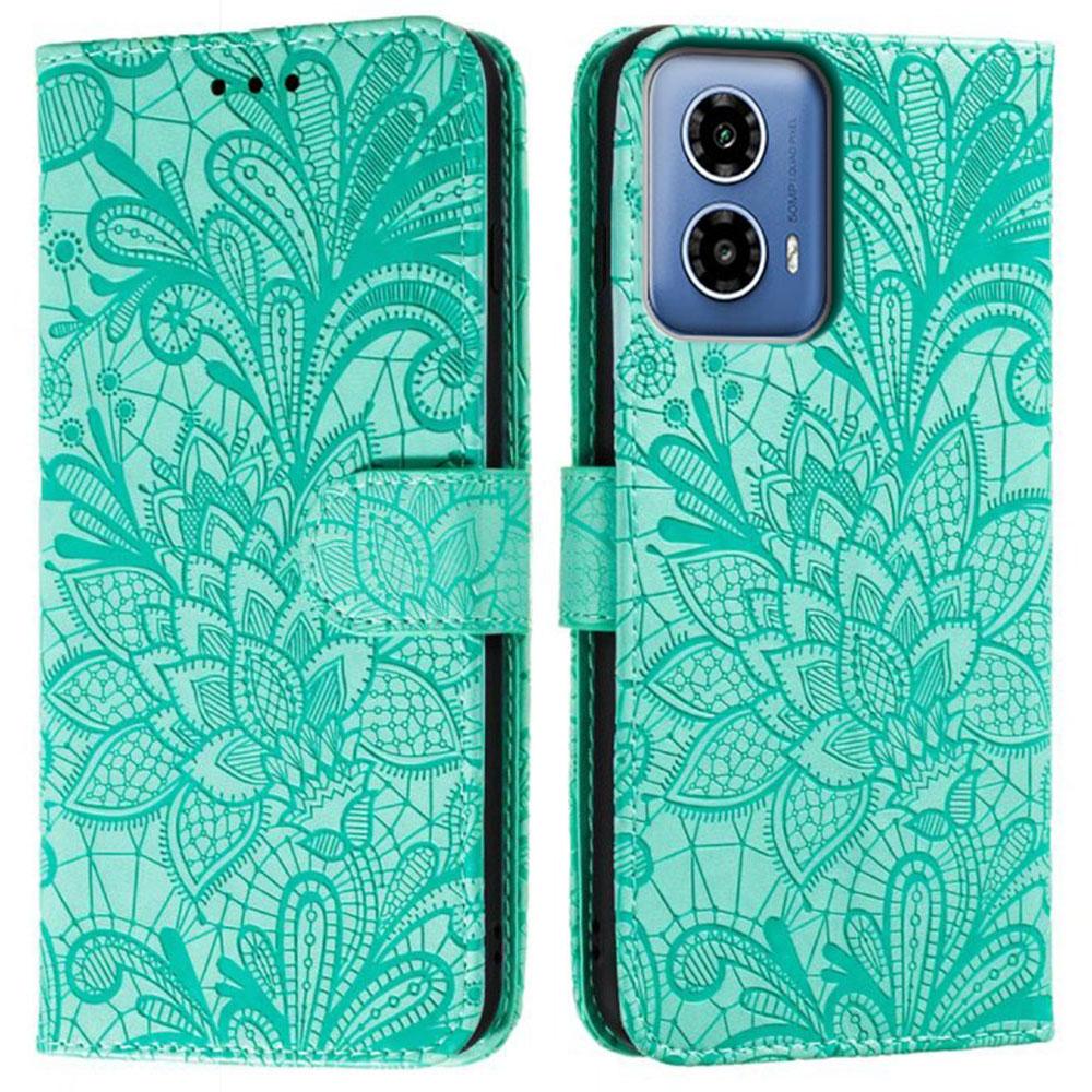 Priekš Motorola Moto G34 5G Maciņš Mežģīņu Ziedi PU Āda Atlokāms Maks Telefona Vāciņš