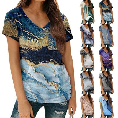 Women's Casual Tops V-Neck Short Sleeve T-Shirt Printed Pullover Top with Pockets T-Shirts Women’s