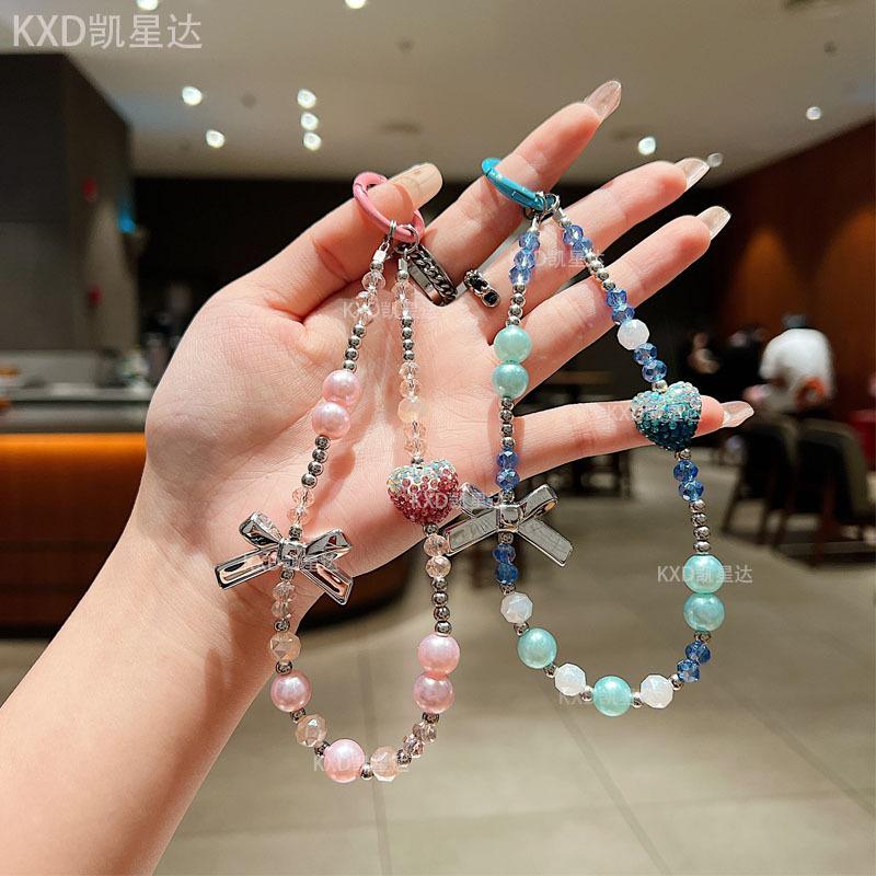 New Rhinestone Heart Crystal Phone Chain High-End Butterfly Phone Lanyard Short Keychain Pendant Accessory for Women
