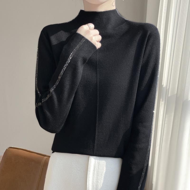 Semi-Turtleneck Bottoming Shirt, Spring New Slim-Fitting And Thin Knitted Sweater, Diamond-Encrusted Wool Inner With Long-Sleeved Top