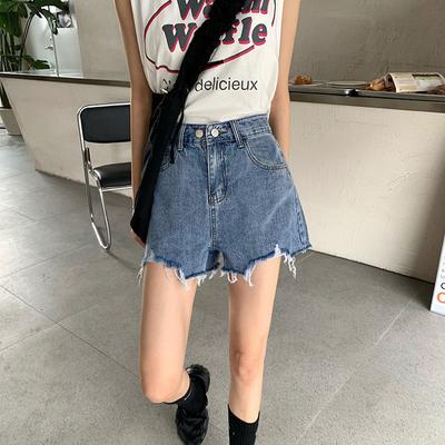 Niche Ripped Denim Shorts for Women, New Summer Style High Waist Loose Slimming A-line Wide-leg Pants Fur Edges