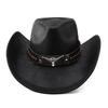 Faux Leather Western Cowboy Hats with Cow Band Vintage Roll Brim Gentleman Cowgirl Jazz Hat Outdoor Travel Party Street Hat