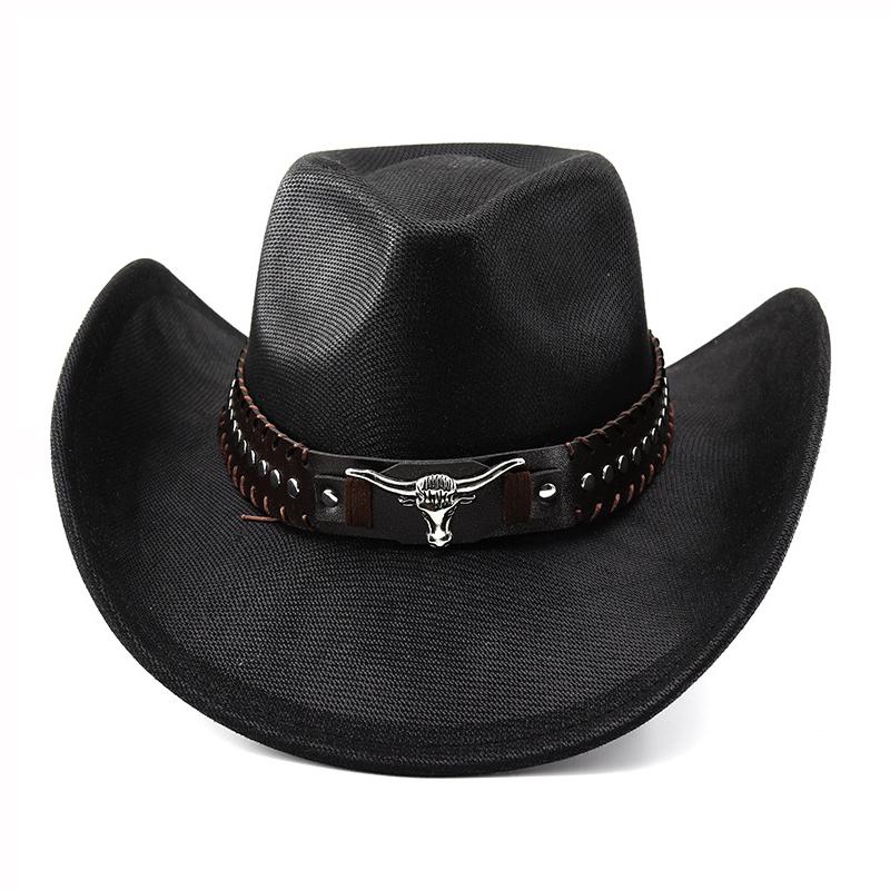 Faux Leather Western Cowboy Hats with Cow Band Vintage Roll Brim Gentleman Cowgirl Jazz Hat Outdoor Travel Party Street Hat