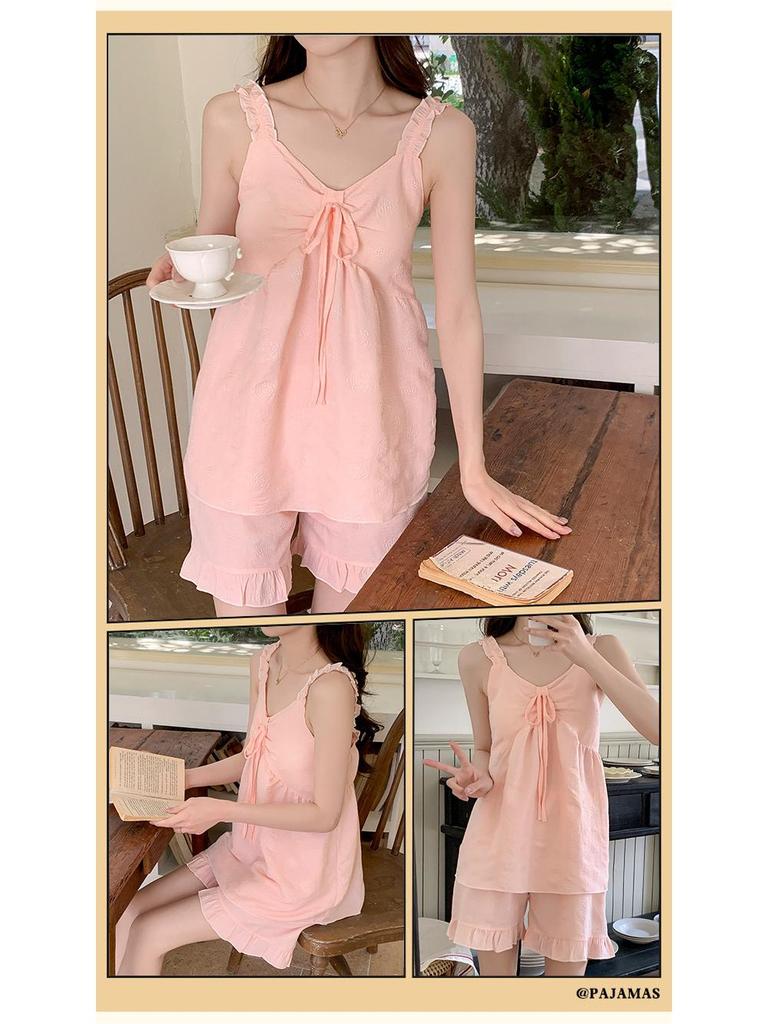 2026 Summer Women's Cloud Cotton Pajama Set with Built-in Bra, Princess Style Camisole, Sweet Home Wear