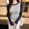 Chic European Cotton Long-Sleeve Women's Top, 2025 Slim-Fit Autumn/Winter, Niche Contrast Design