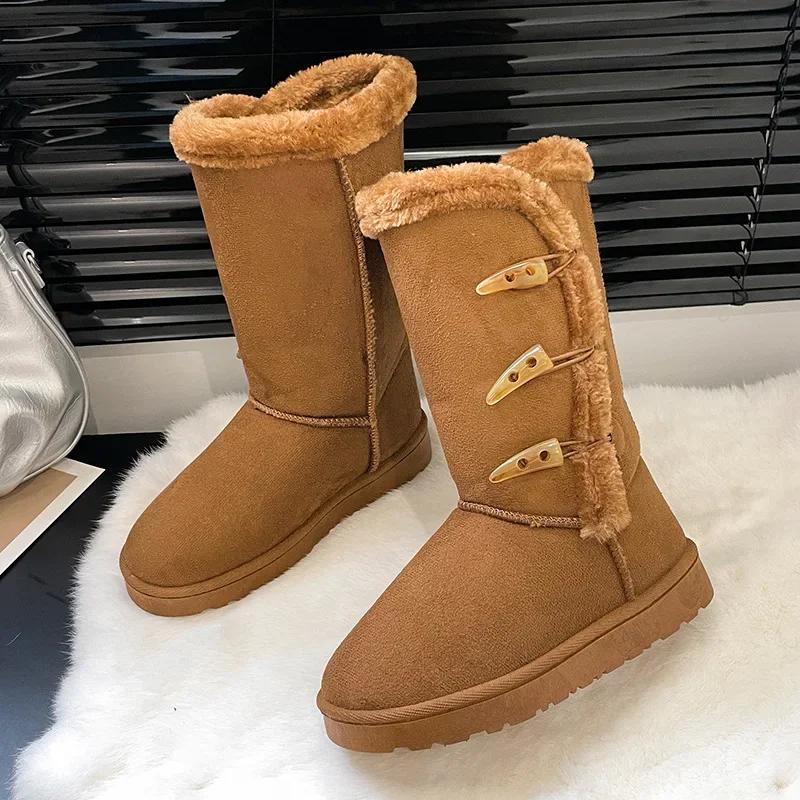 Fashion Women's Snow Boots Winter Plush Ankle Boots Warm Non-slip Platform Cold Comfort Cotton Shoes Women's Horn Buckle Cotton Boots