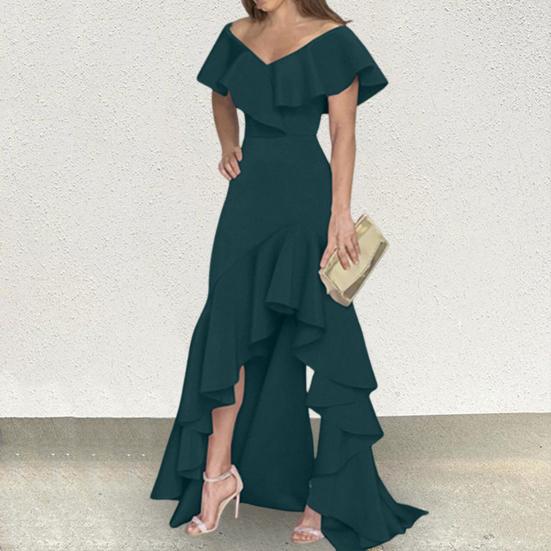 Women Evening Dress Ruffle Patchwork V Neck Slim Fit Irregular Hem Sleeveless Floor Length Pure Color Ball Gown Party Banquet Maxi Dress
