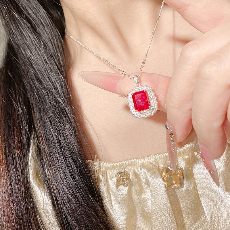 Clear Sky Vintage S925 Sterling Silver Ruby Pendant Necklace for Women - Elegant Evening Accessory