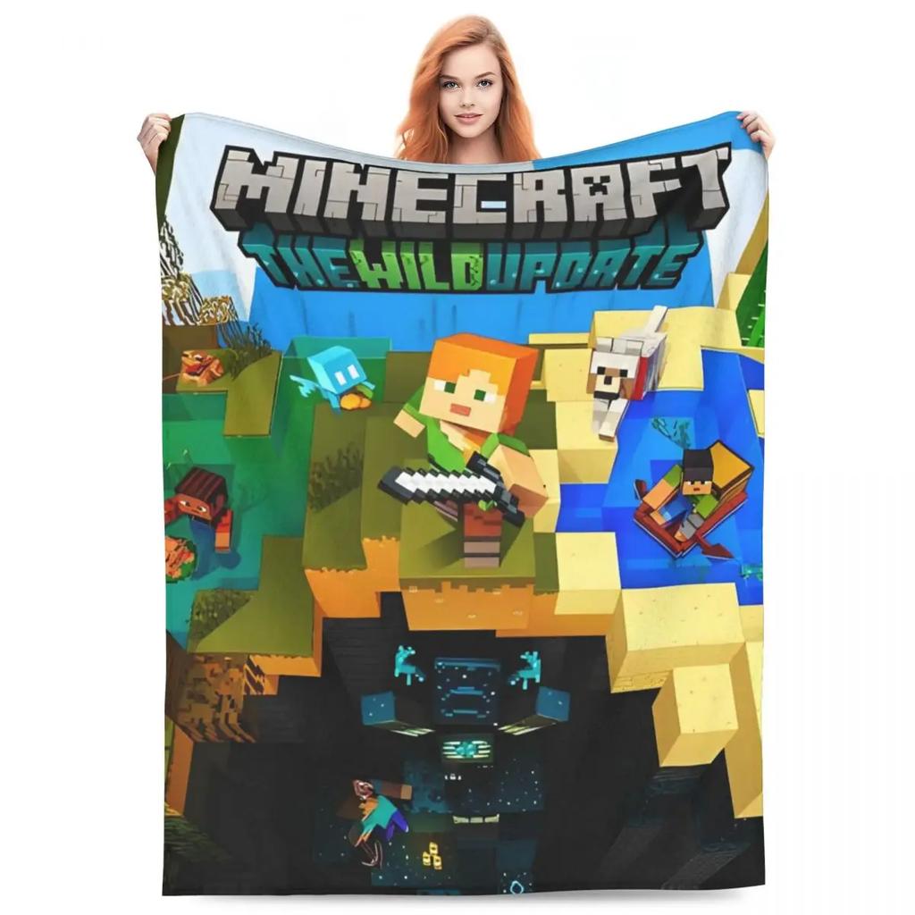 Cartoon Mines Pixel Game Crafts Flannel Blanket Super Warm Throw Blanket for Home Decor Decorative Street Trend Bedspread