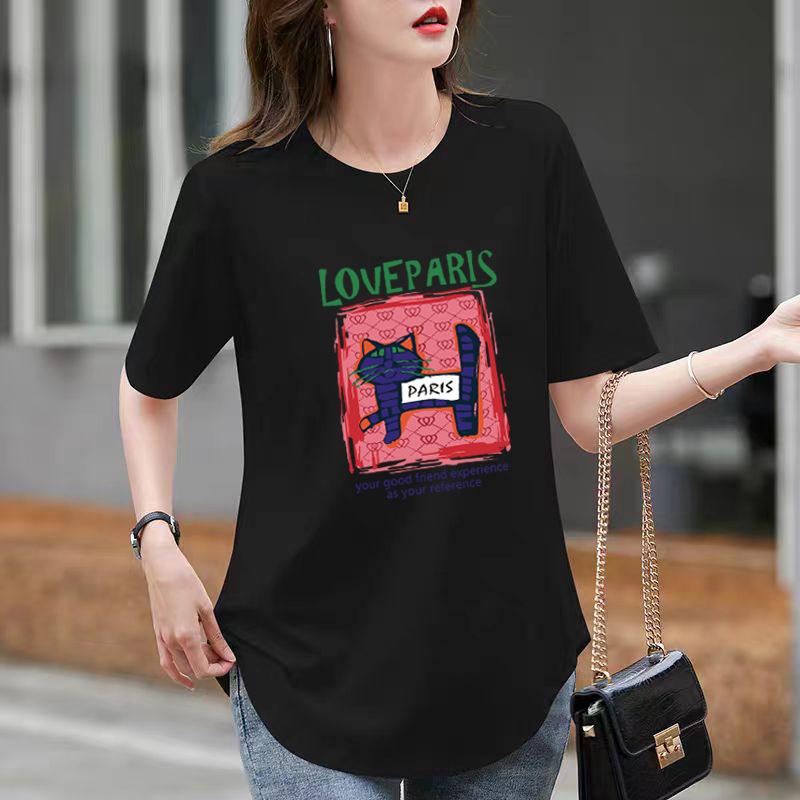 Loose White Cotton Round Neck Short-sleeved T-shirt for Women In Summer Curved Hem Slit Medium-length Style Covering Butt