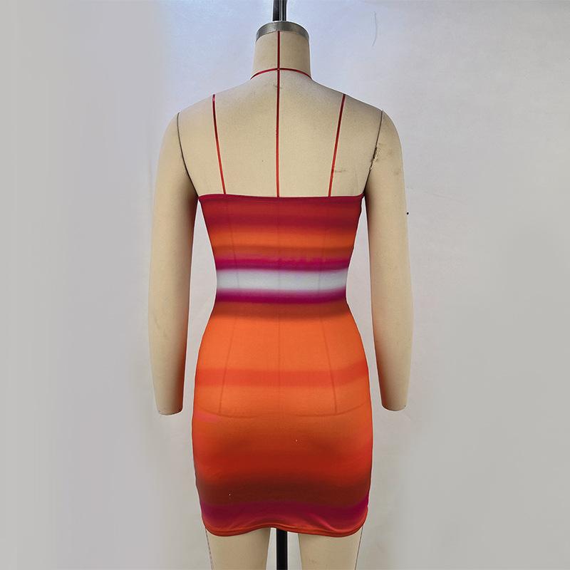 Sommer Damen Gradient Print Ärmelloses Top Top Slim-Fit Kleid mit Hüftwickel