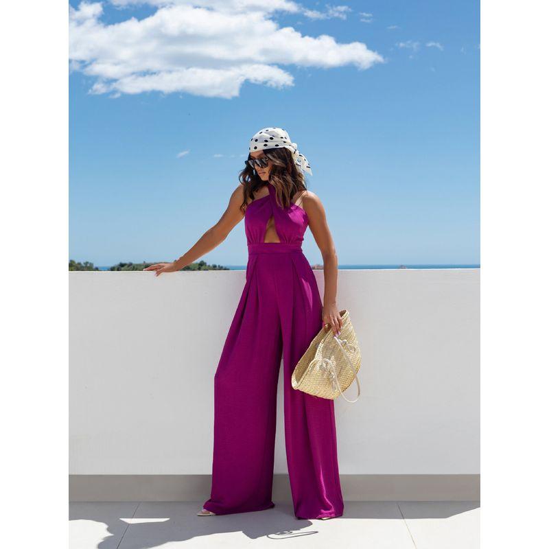 

Summer Jumpsuit Summer Solid Sleeve off-the-Shoulder Sexy Hanging Neck Waist Hugging Jumpsuit Women clothes Jumpsuit Purple L