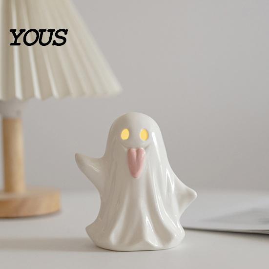 Modern Minimalist Home Decor Light Up Ceramic Ghost Figurines for Halloween Decor, Cute White Statue Milky Vase with Pink Tongue, LED Night
