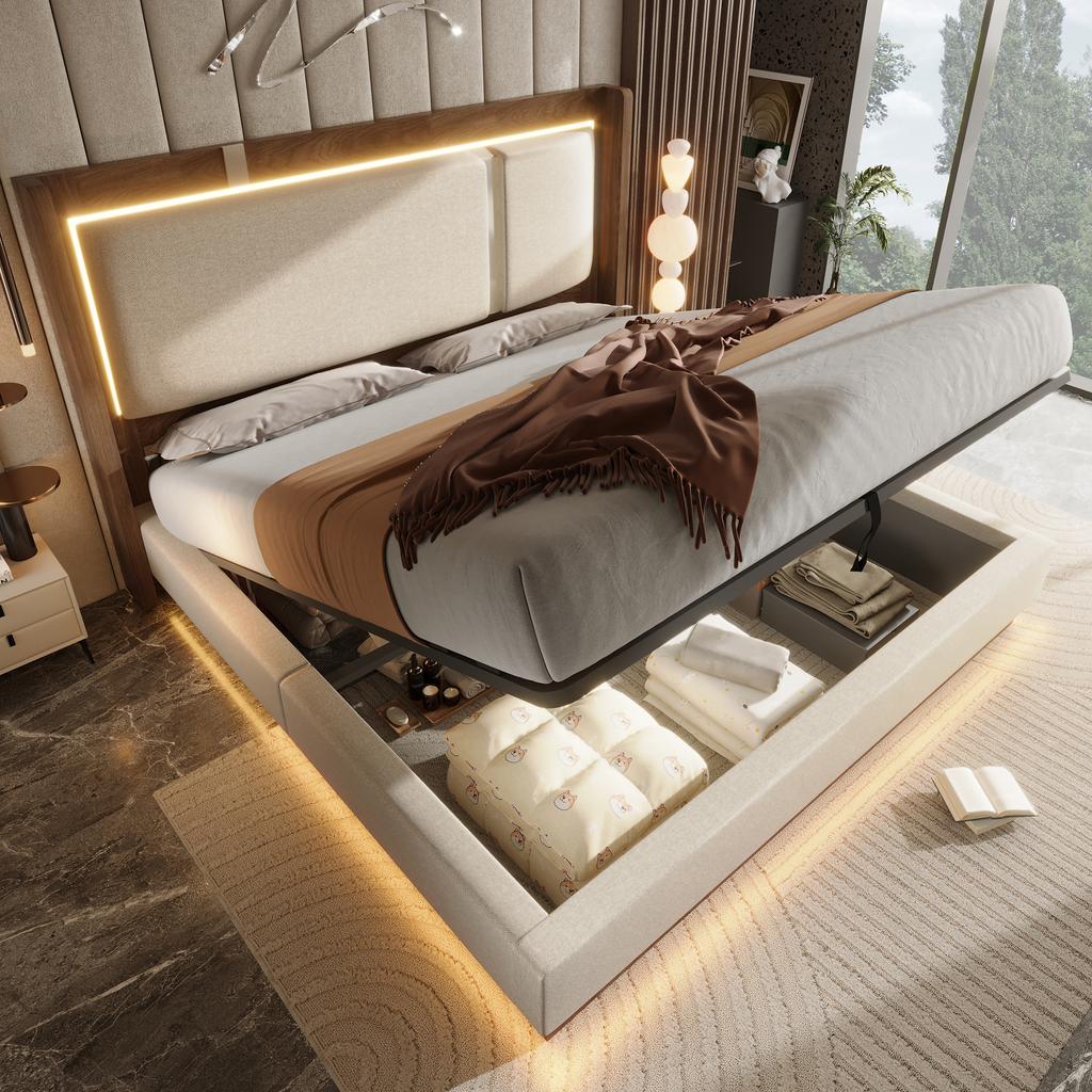 180x200 double bed upholstered bed with slatted frame, LED & storage bed, hydraulic, linen beige & walnut, without mattress