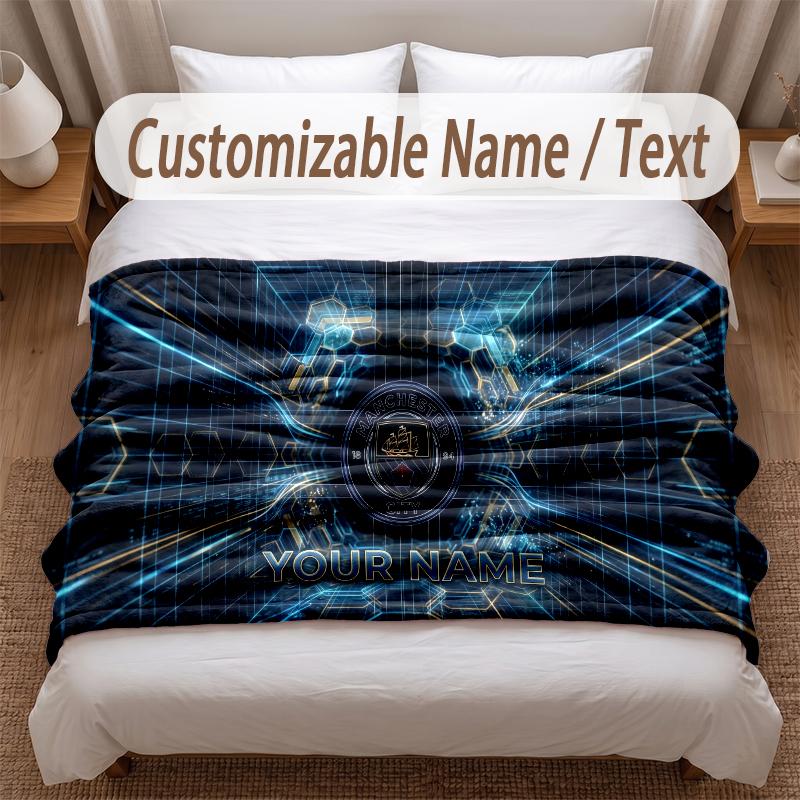 Manchester City Printed Flannel Blanket Custom Name Text Soft Warm Throw For Bedroom Holiday Gift