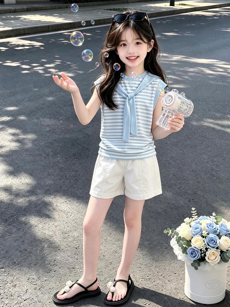 2026 Korean Style Girls' Summer Casual Two-Piece Sleeveless Shorts Set